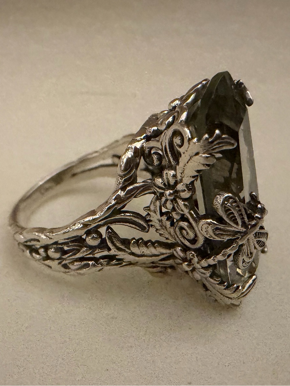 Stunning Artisan .925 Sterling Silver Faceted Smoky Quartz Dragonfly Ring
